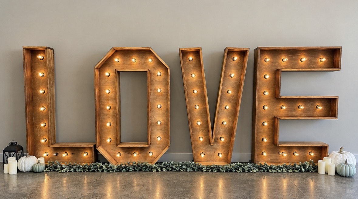 Four-foot illuminated wooden LOVE letters styled with pumpkins, candles, and greenery for fall