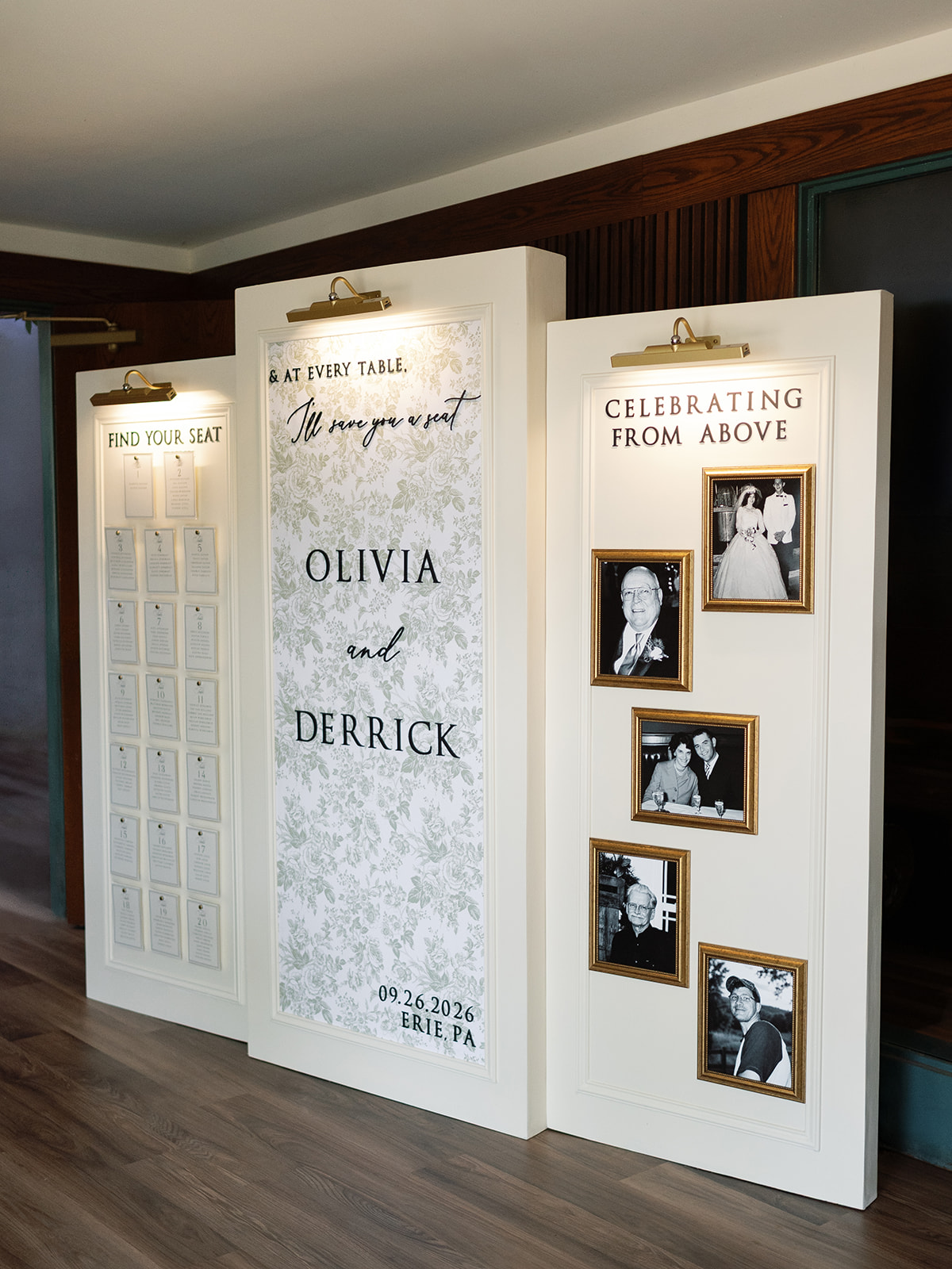 Three-panel ivory and olive wedding display with seating chart cards, photos, and personalized lettering